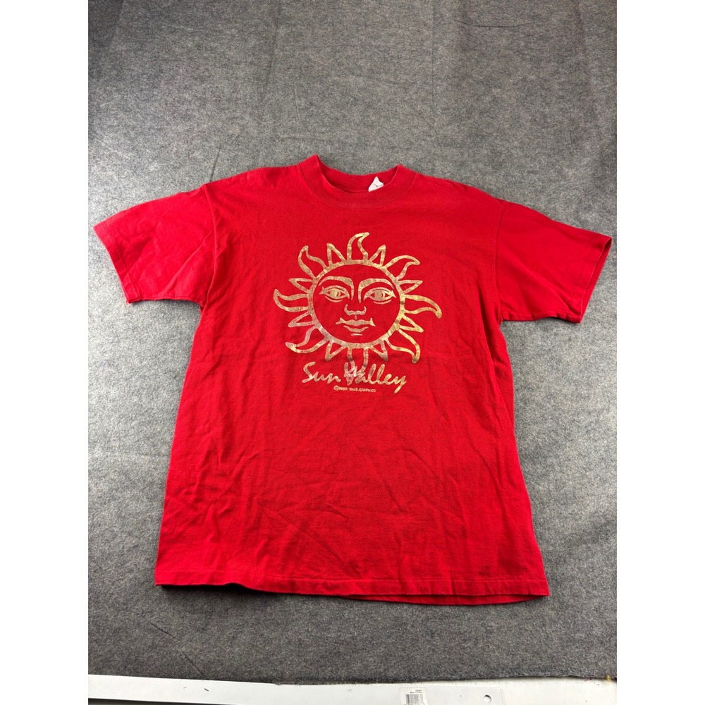 VTG '88 Sun Valley Sun Face Graphic T-Shirt Red Gold Metallic 80s Single Stitch